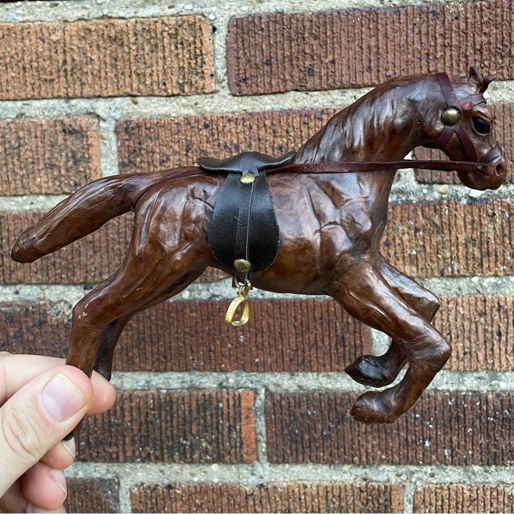 Vintage 8” Leather Wrapped Kneeling Horse Figurine, With Reins & Saddle